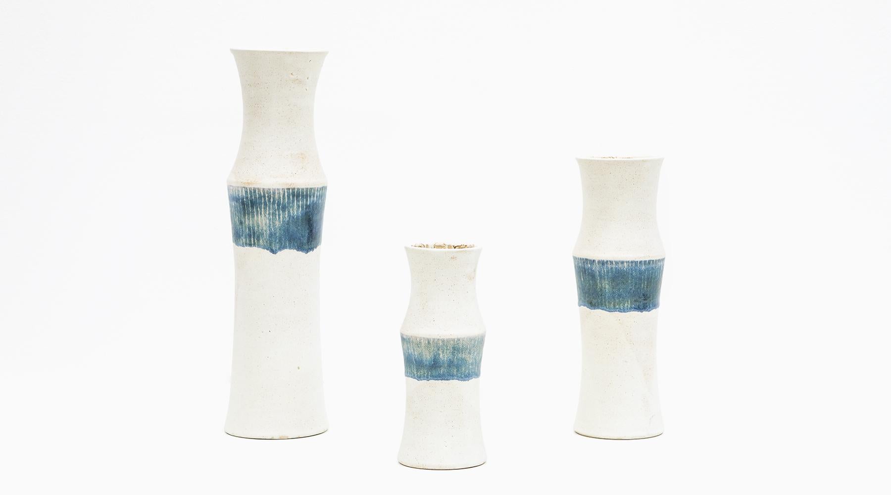 Bamboo bottles, set of three vases, ceramic, Bruno Gambone, Italy, 1980s.

Splendid vases in a so-called bamboo optic by the multi-talented artist Bruno Gambone from 1980s, which vary in height and width as a matching set. This set comes in a
