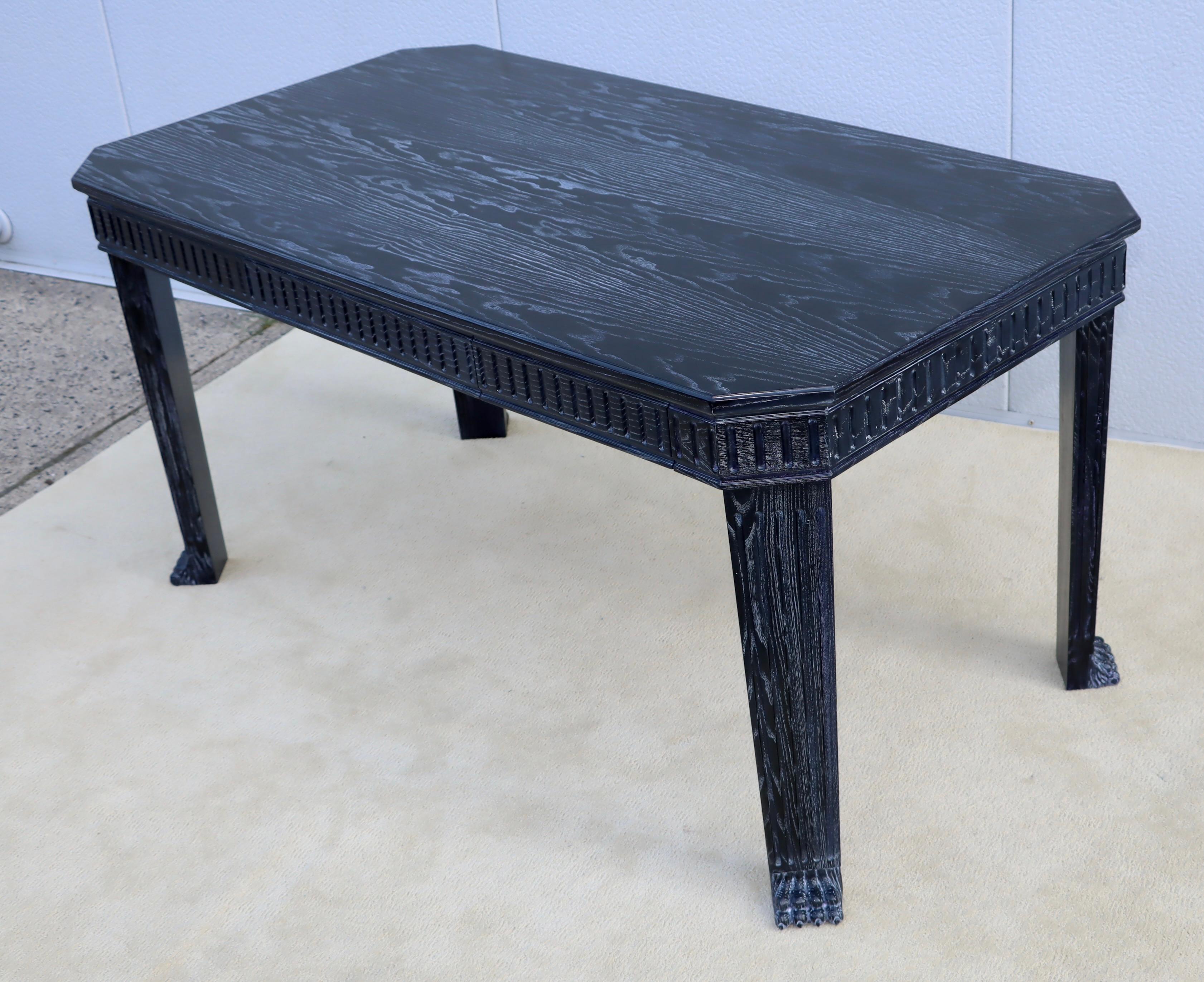 1980's cerused oak desk with 3 large drawers and claw feet legs, fully restored with minor wear and patina due to age and use.