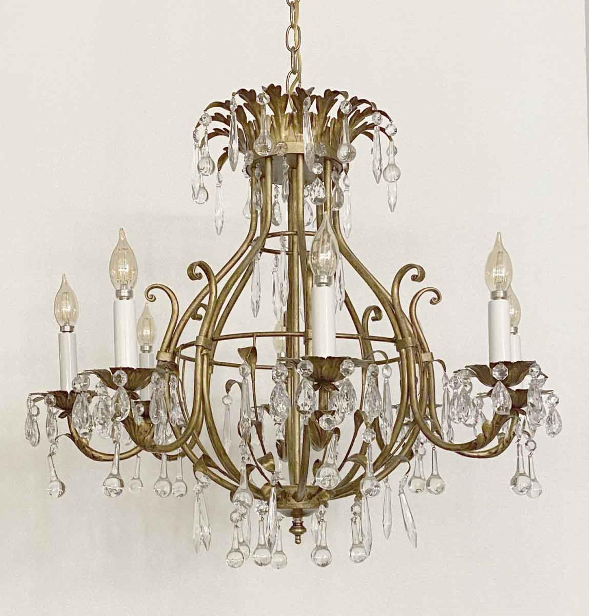 1980s Teardrop Crystal Chandelier w Gilt in Florentine Style In Good Condition For Sale In New York, NY