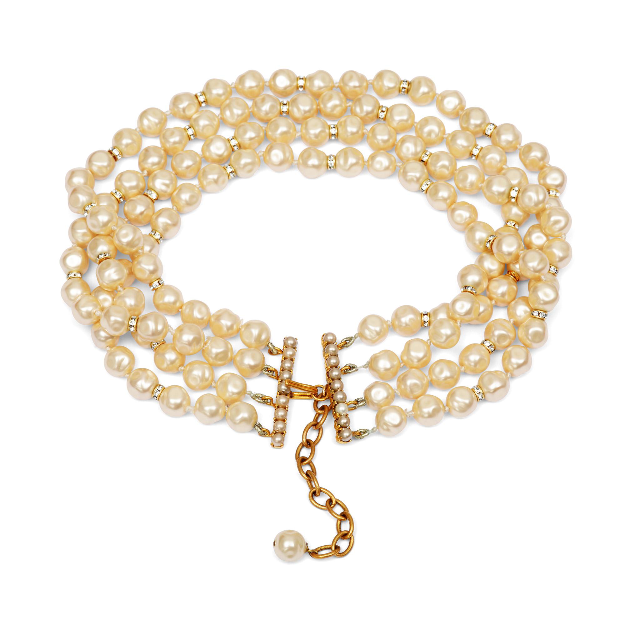 A truly magnificent glass baroque pearl choker necklace by Chanel. This is an earlier Chanel piece that we can precisely date to the Autumn / Winter collection 1989/1990 with Chanel referencing this design for us as per the photograph of