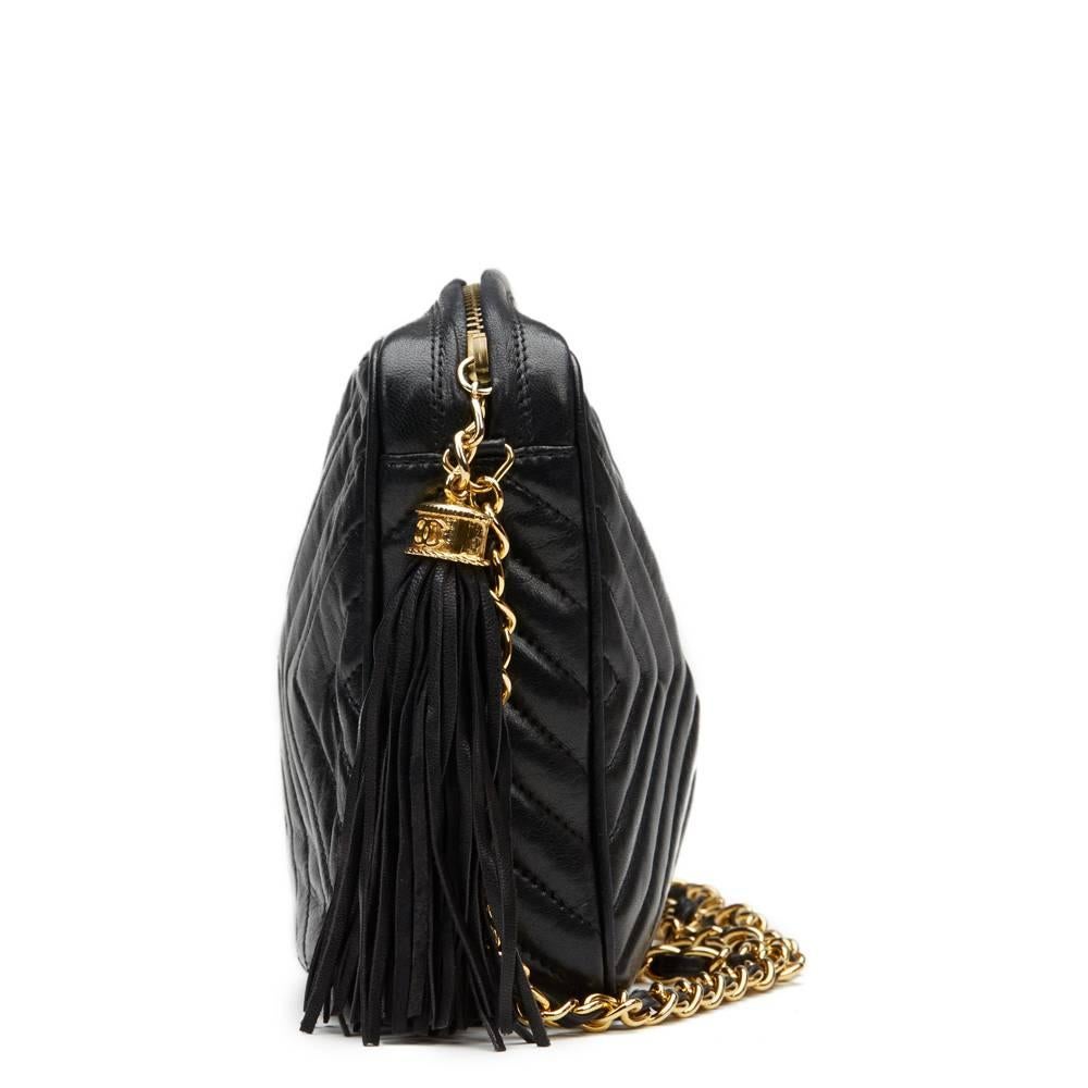 Chanel Black Chevron Quilted Lambskin Vintage Timeless Fringe Camera Bag, 1980s In Excellent Condition In Bishop's Stortford, Hertfordshire