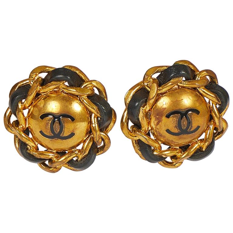 chanel earrings Leather Clip On. Large Black With Gold 