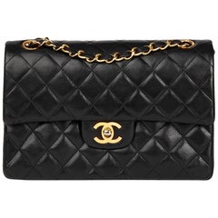 1980's Chanel Black Quilted Lambskin Vintage Small Classic Double Flap Bag