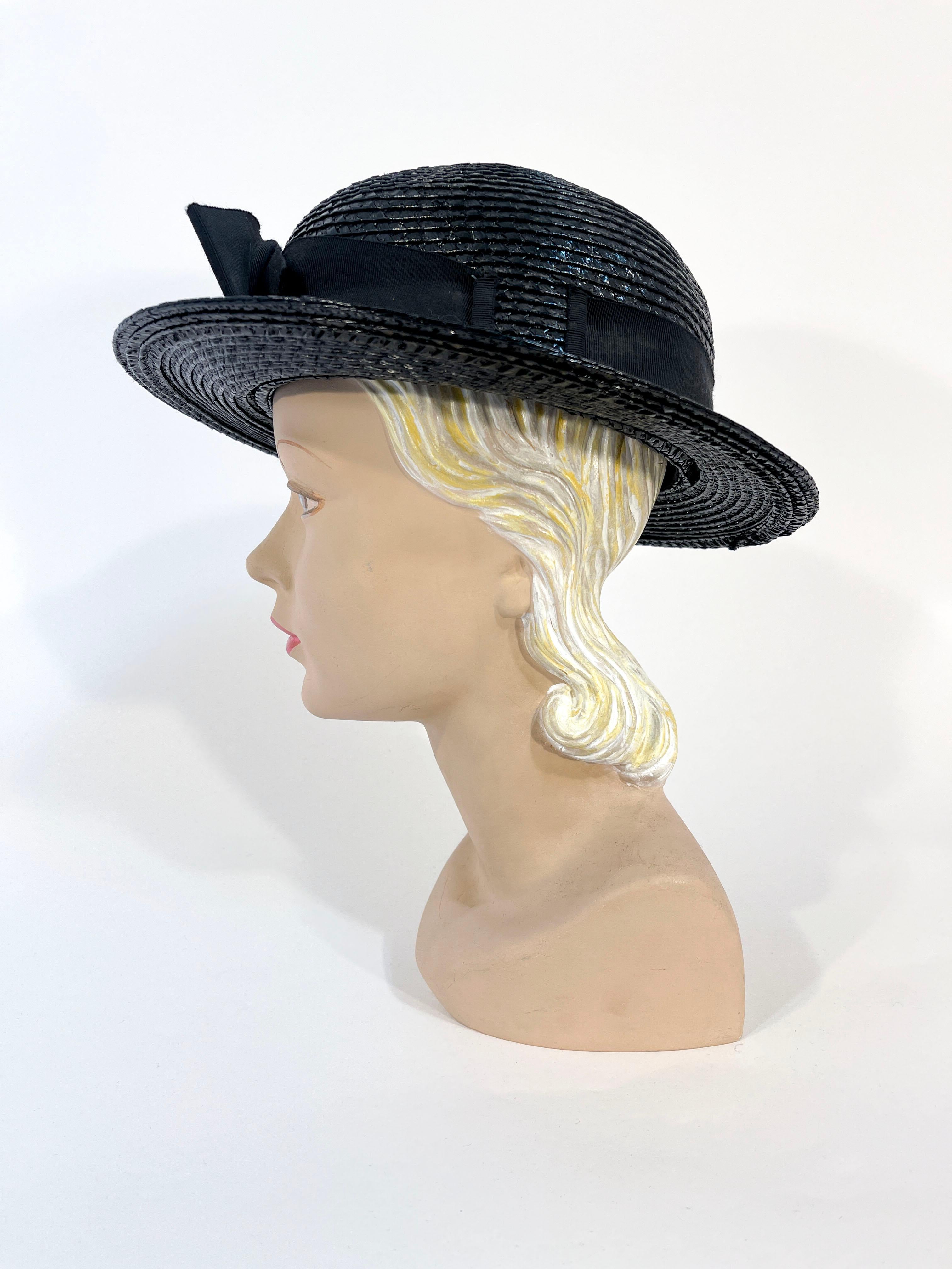 Brown 1980s Chanel Black Raffia Boater Hat For Sale
