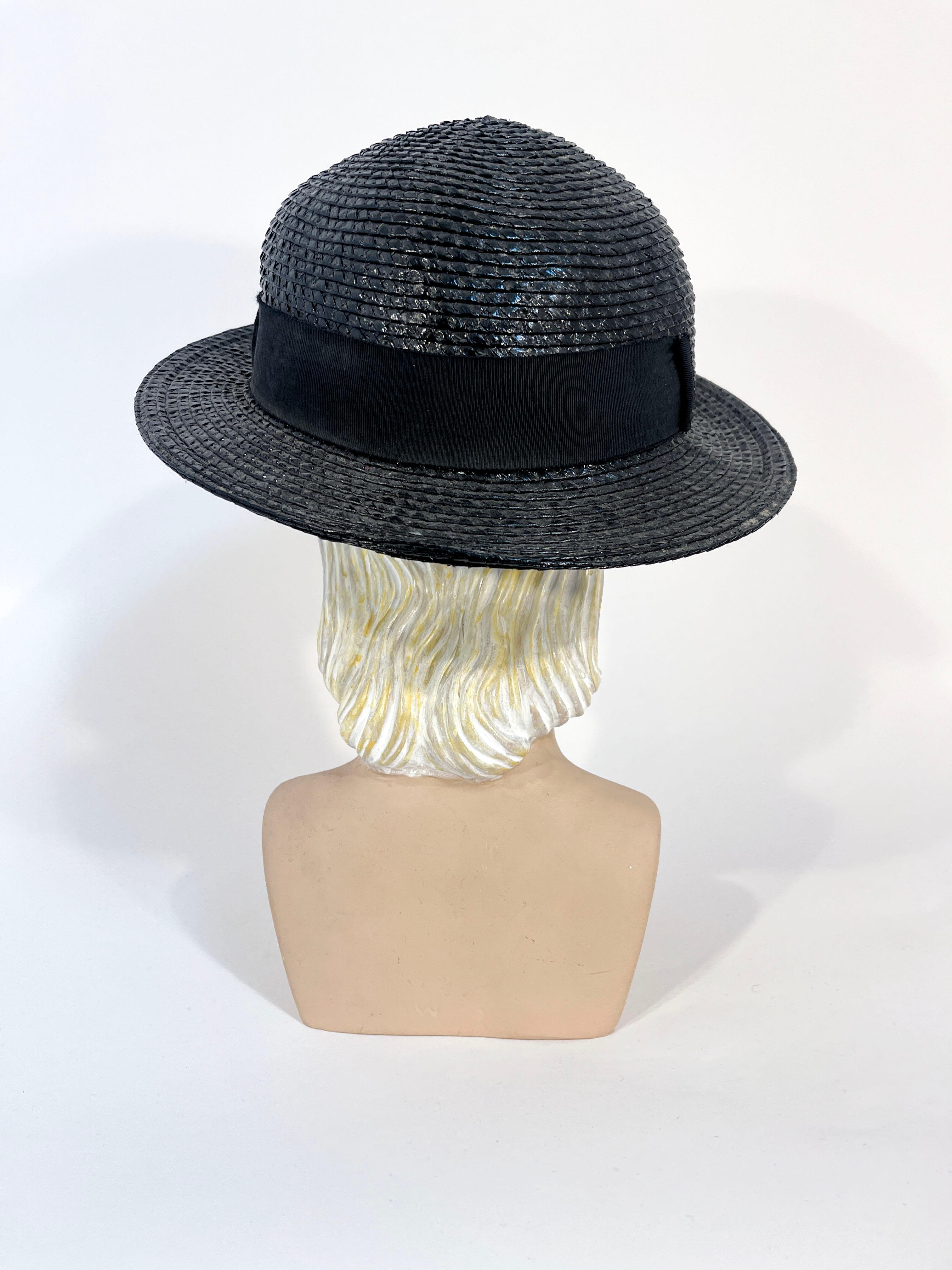 1980s Chanel Black Raffia Boater Hat In Good Condition For Sale In San Francisco, CA