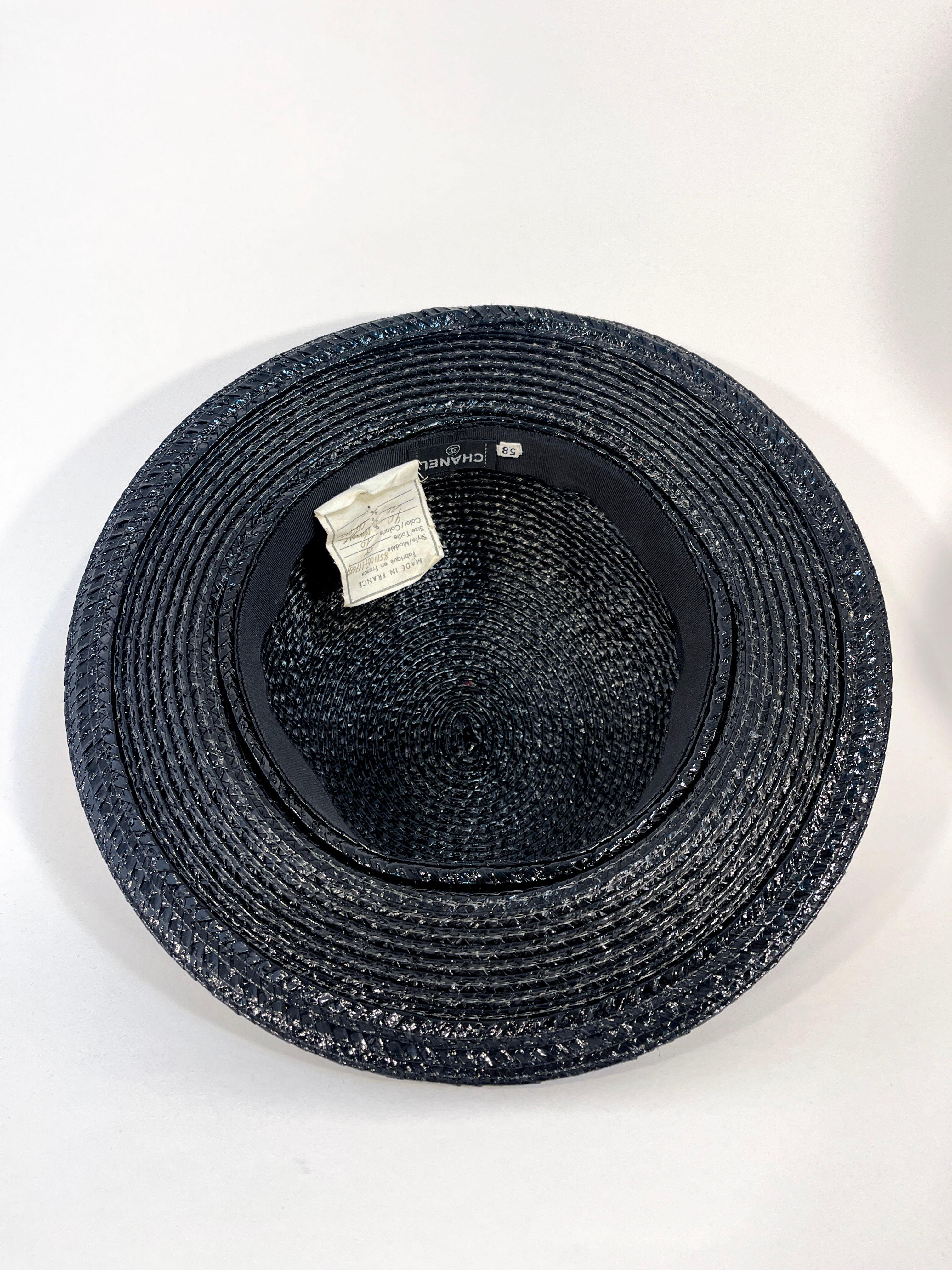 Women's 1980s Chanel Black Raffia Boater Hat For Sale
