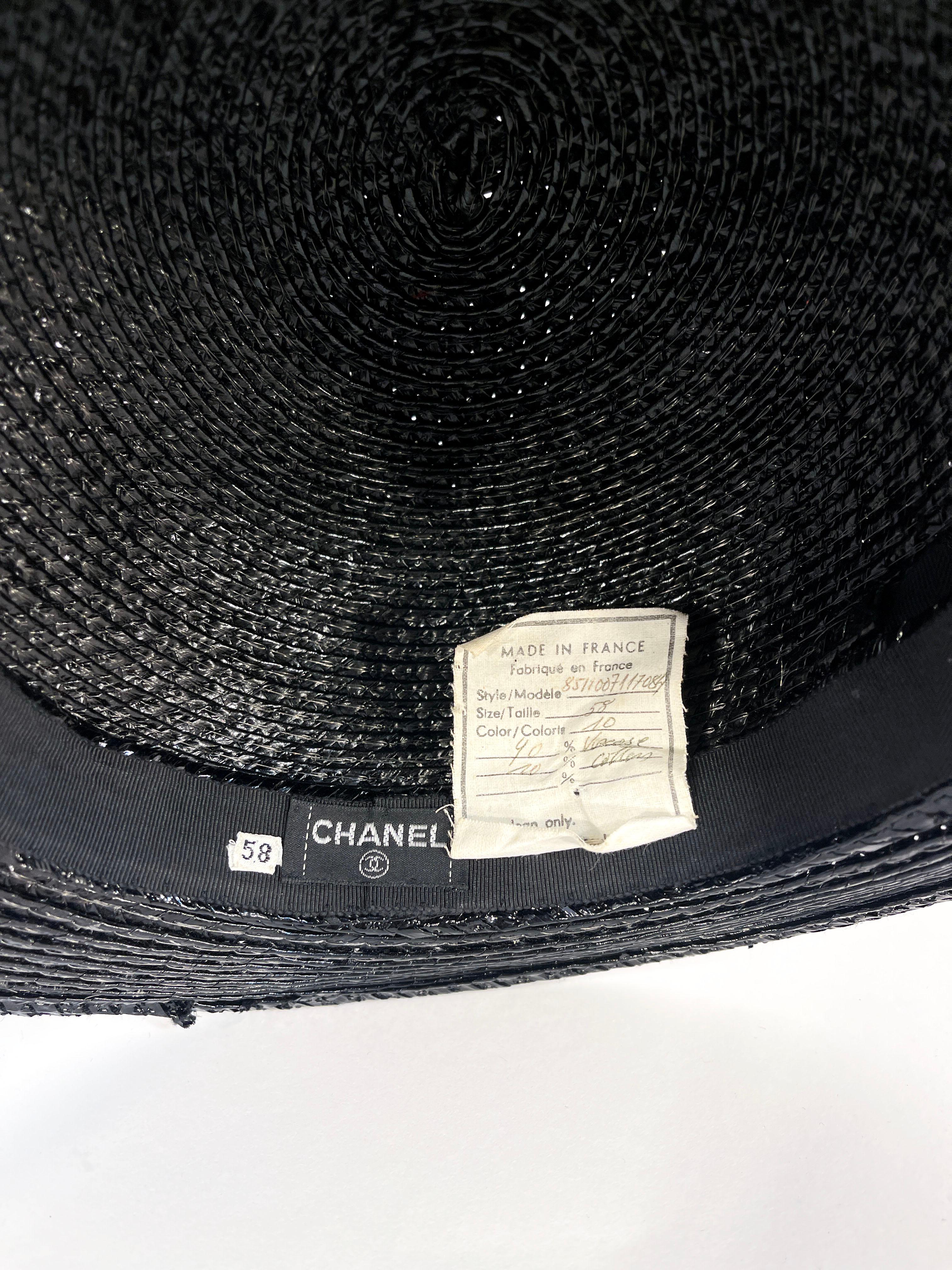 1980s Chanel Black Raffia Boater Hat For Sale 1