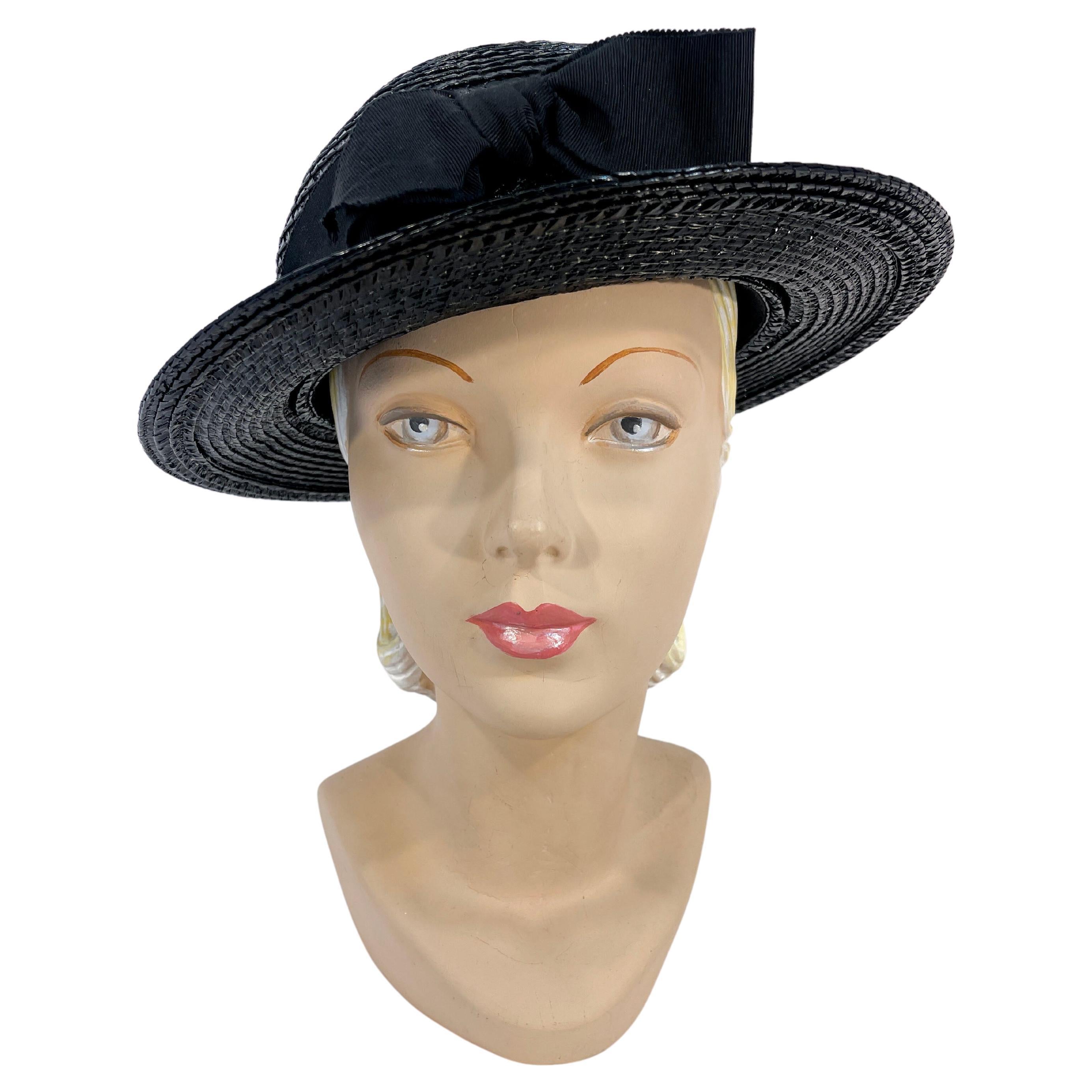 1980s Chanel Black Raffia Boater Hat For Sale