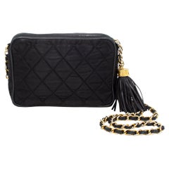 Used 1980s Chanel Black Satin Quilted Evening Bag