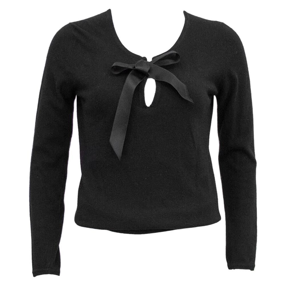 1980s Chanel Black Scottish Cashmere Sweater with Thread Through Satin Bow 