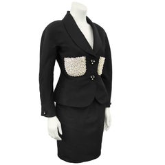 1980s Chanel Black Silk Taffeta evening Suit with Pearl Beaded Pockets