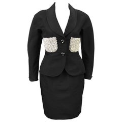 1980s Chanel Black Silk Taffeta evening Suit with Pearl Beaded Pockets