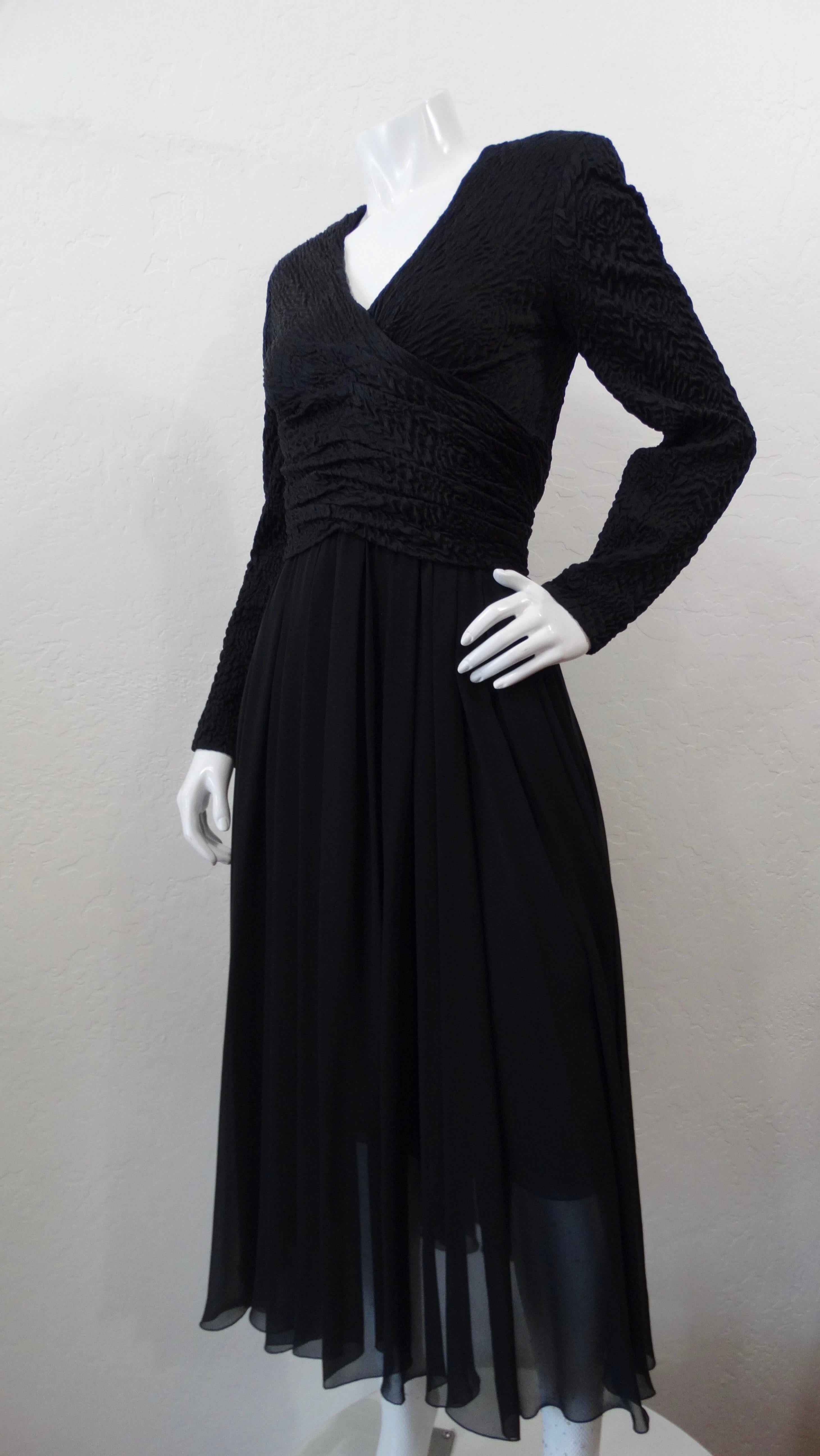 Everybody needs a little black vintage cocktail dress especially when it's Chanel! Circa 1980s, this gorgeous black evening dress features a flattering v-neckline, long sleeves, strong shoulders, and a softly pleated maxi length Silk chiffon skirt.
