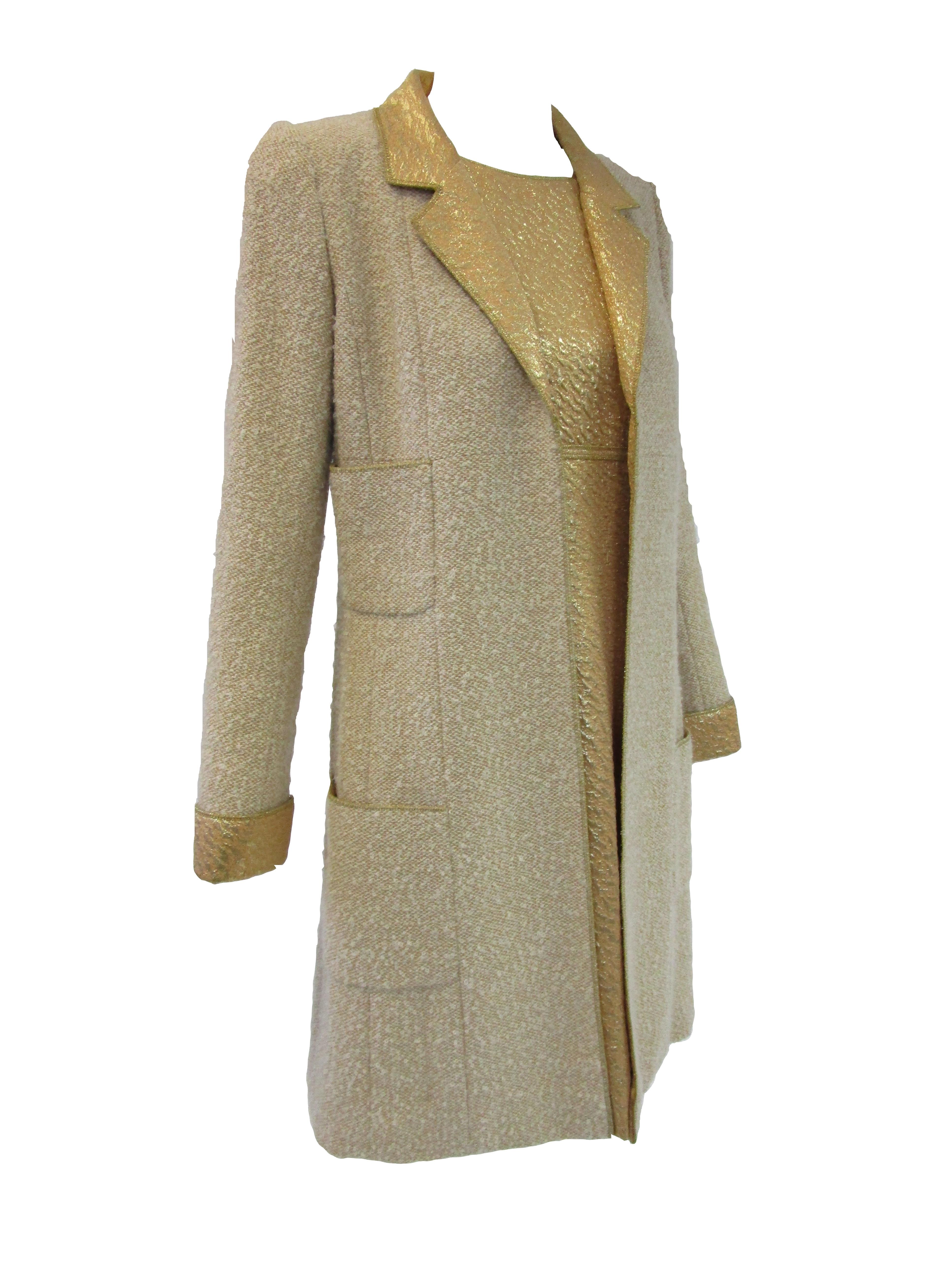 1996 Chanel by Lagerfeld Golden Boucle and Lame Shift Dress and Coat For Sale 4