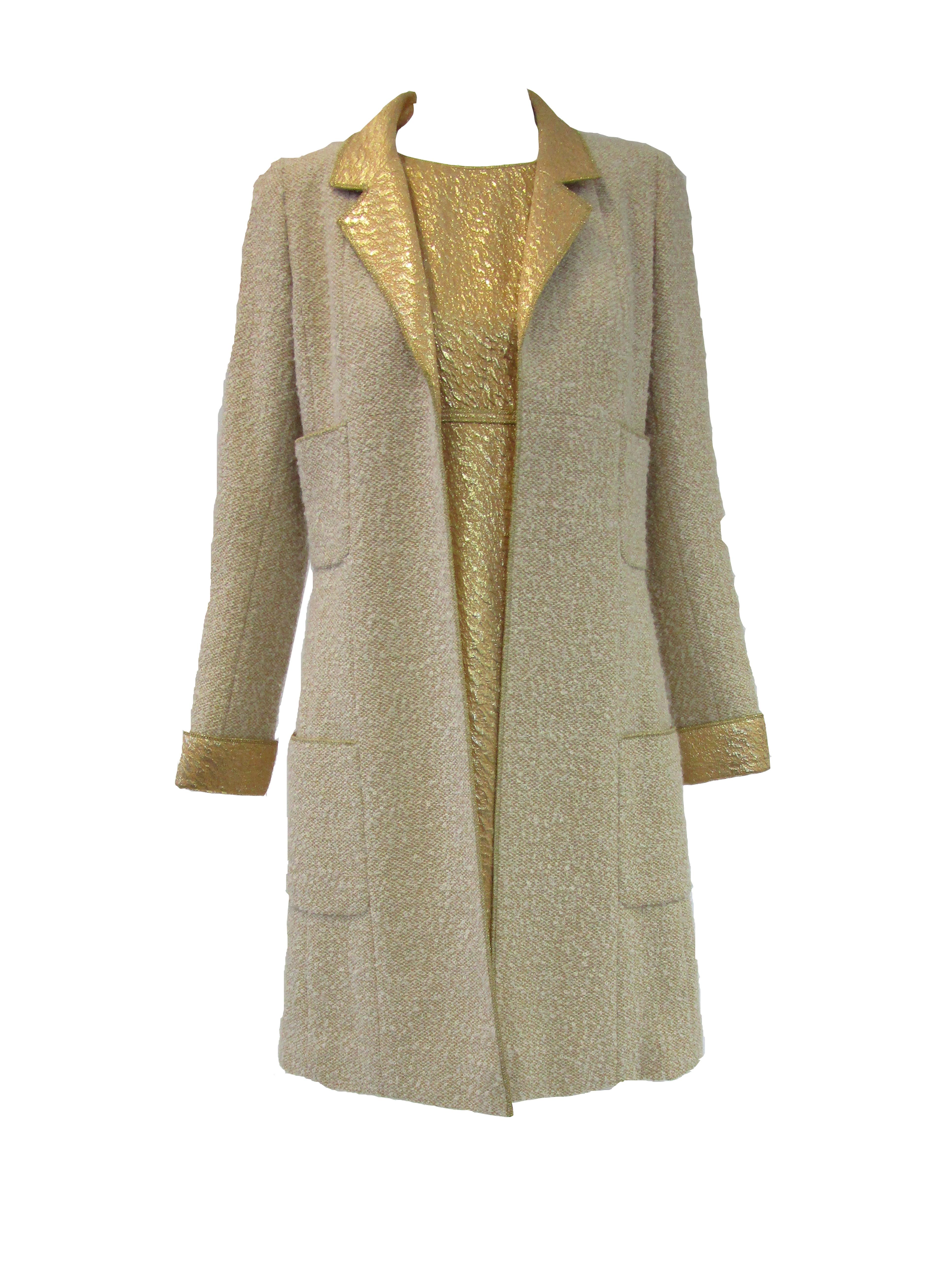 1996 Chanel by Lagerfeld Golden Boucle and Lame Shift Dress and Coat For Sale 3
