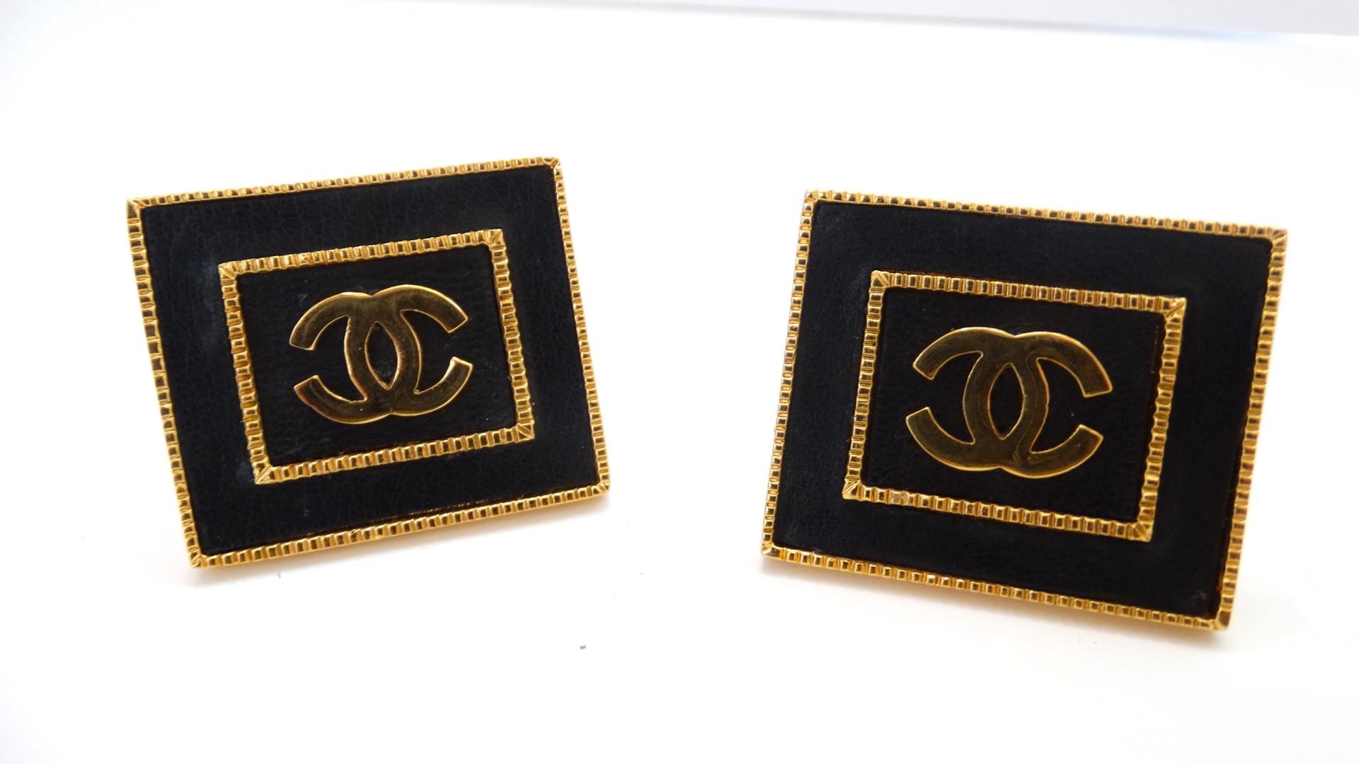 1980s Chanel CC Leather Rectangle Clip On Earrings 6