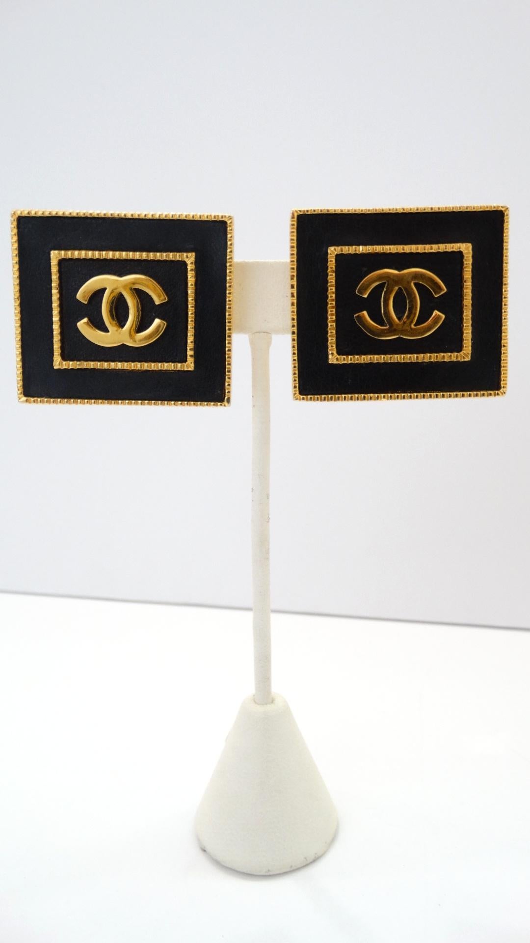 1980s Chanel CC Leather Rectangle Clip On Earrings 1