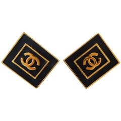 Vintage Chanel CC Leather Rectangle Clip On Earrings 80s 