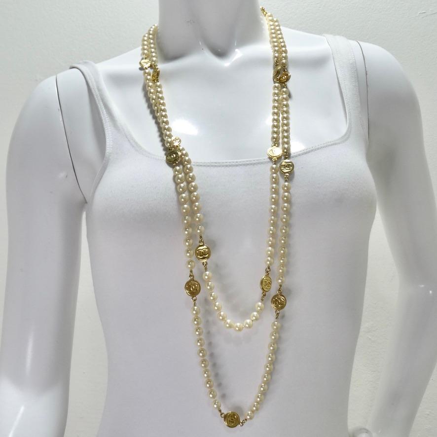 Women's or Men's 1980s Chanel CC Medallion Pearl Necklace