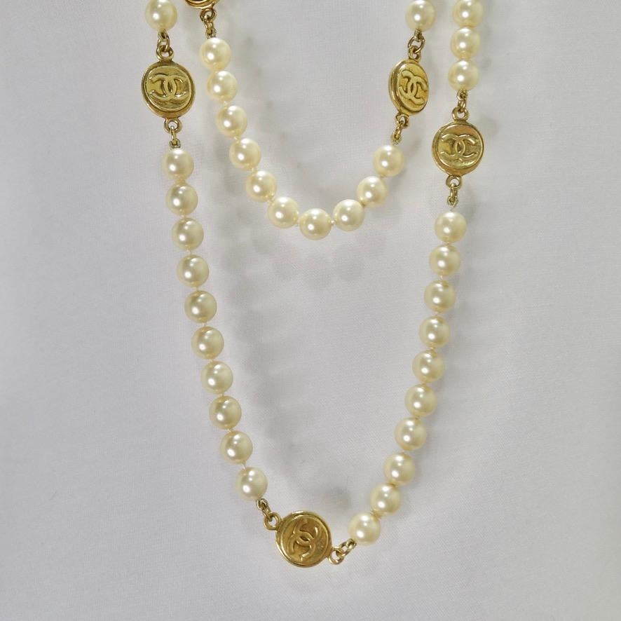 1980s Chanel CC Medallion Pearl Necklace 1
