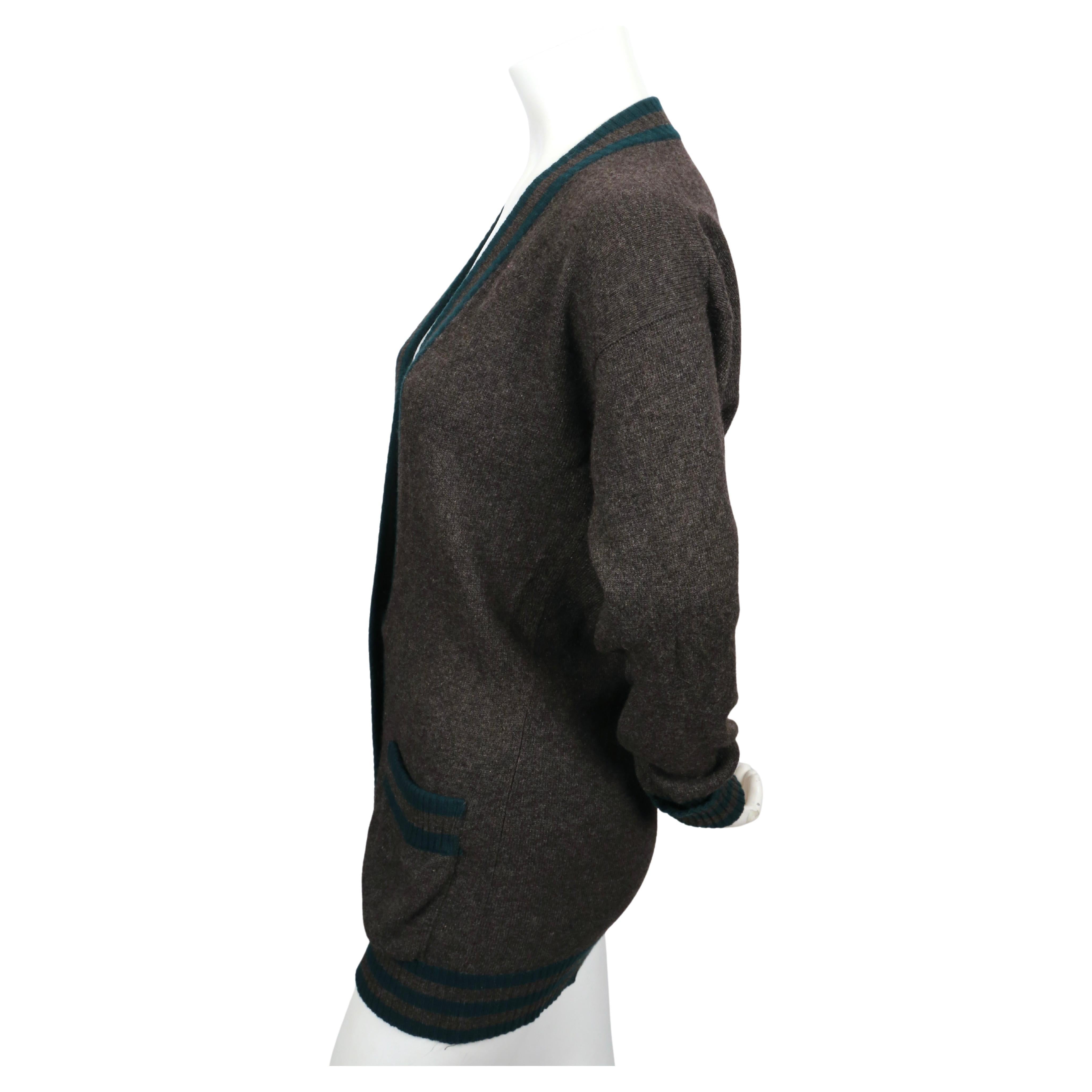 Women's or Men's 1980's CHANEL charcoal grey and spruce green cashmere cardigan sweater For Sale