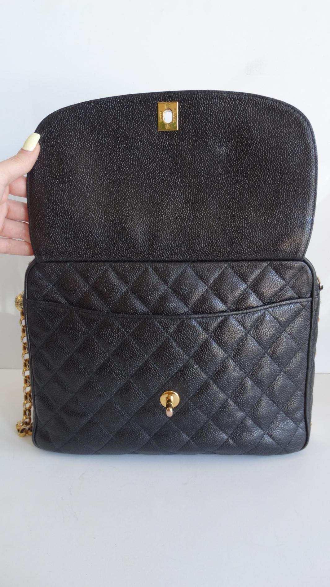 1980s Chanel Classic Black Caviar Leather Bag  6