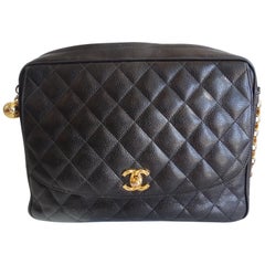 1980s Chanel Classic Black Caviar Leather Bag