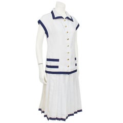 1980s Chanel Cream and Navy Linen Summer Skirt Ensemble