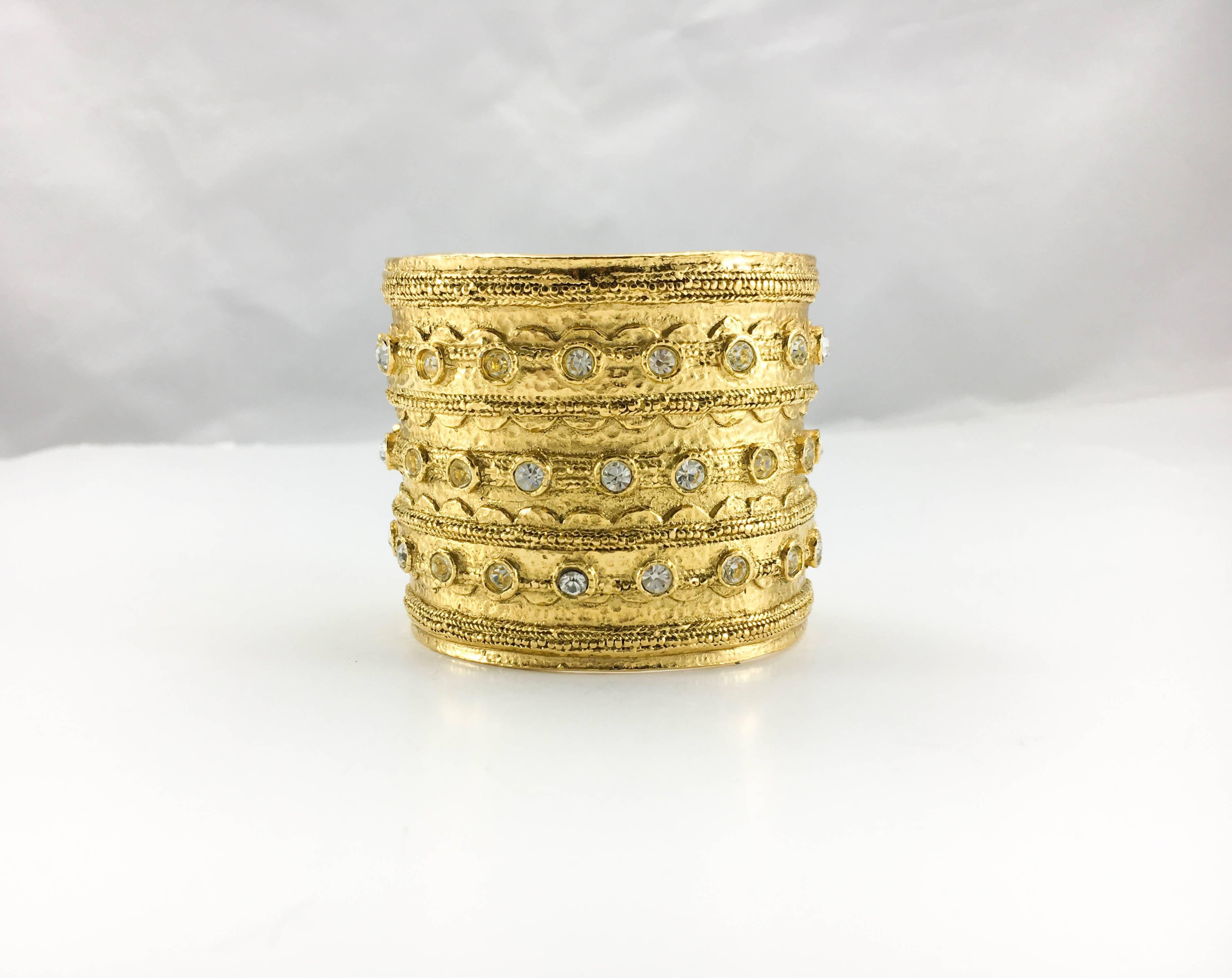 Etruscan Revival 1980's Chanel 'Etruscan' Rhinestone Embellished Gold-Plated Cuff Bracelet For Sale