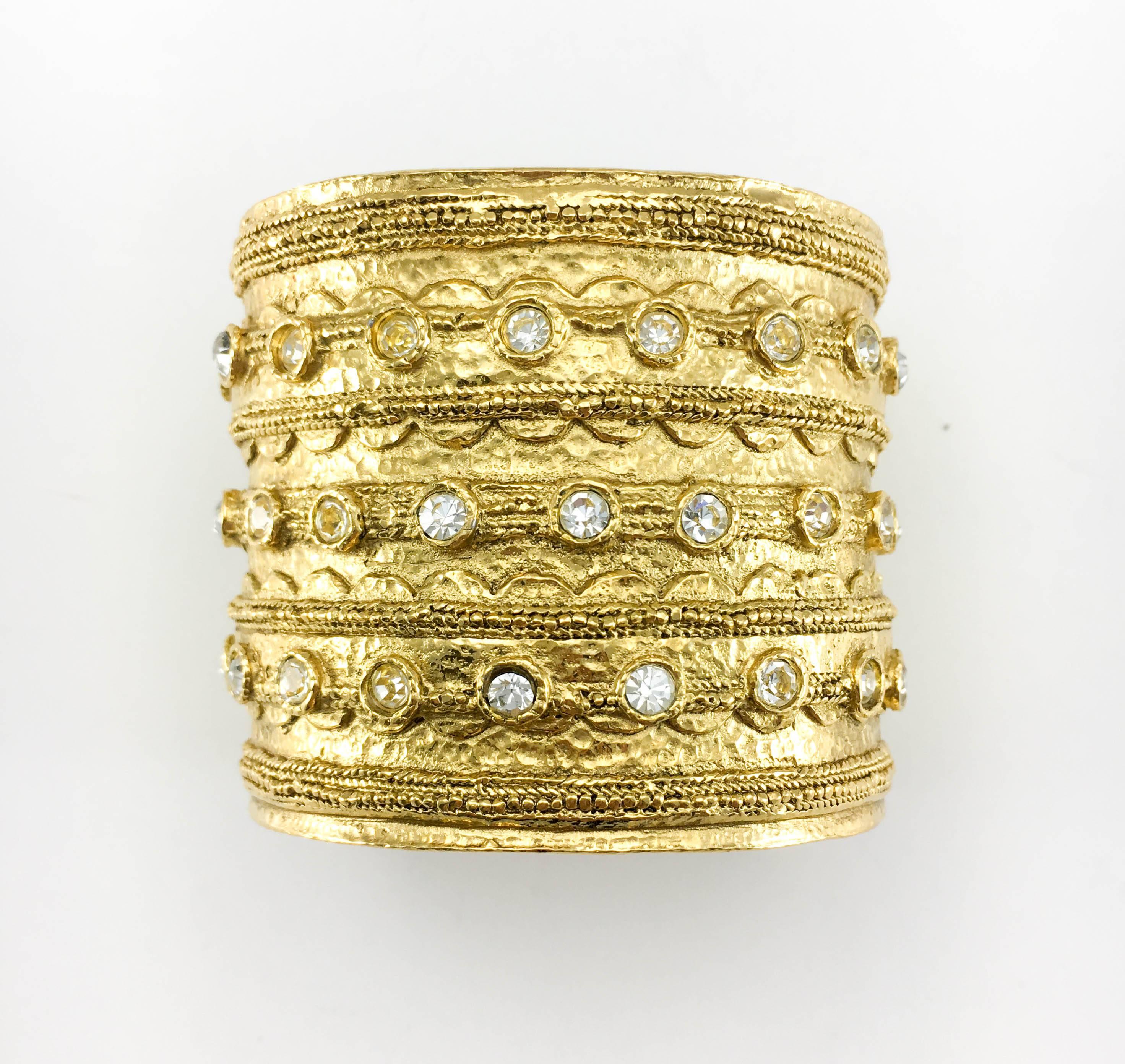 1980's Chanel 'Etruscan' Rhinestone Embellished Gold-Plated Cuff Bracelet In Excellent Condition For Sale In London, Chelsea