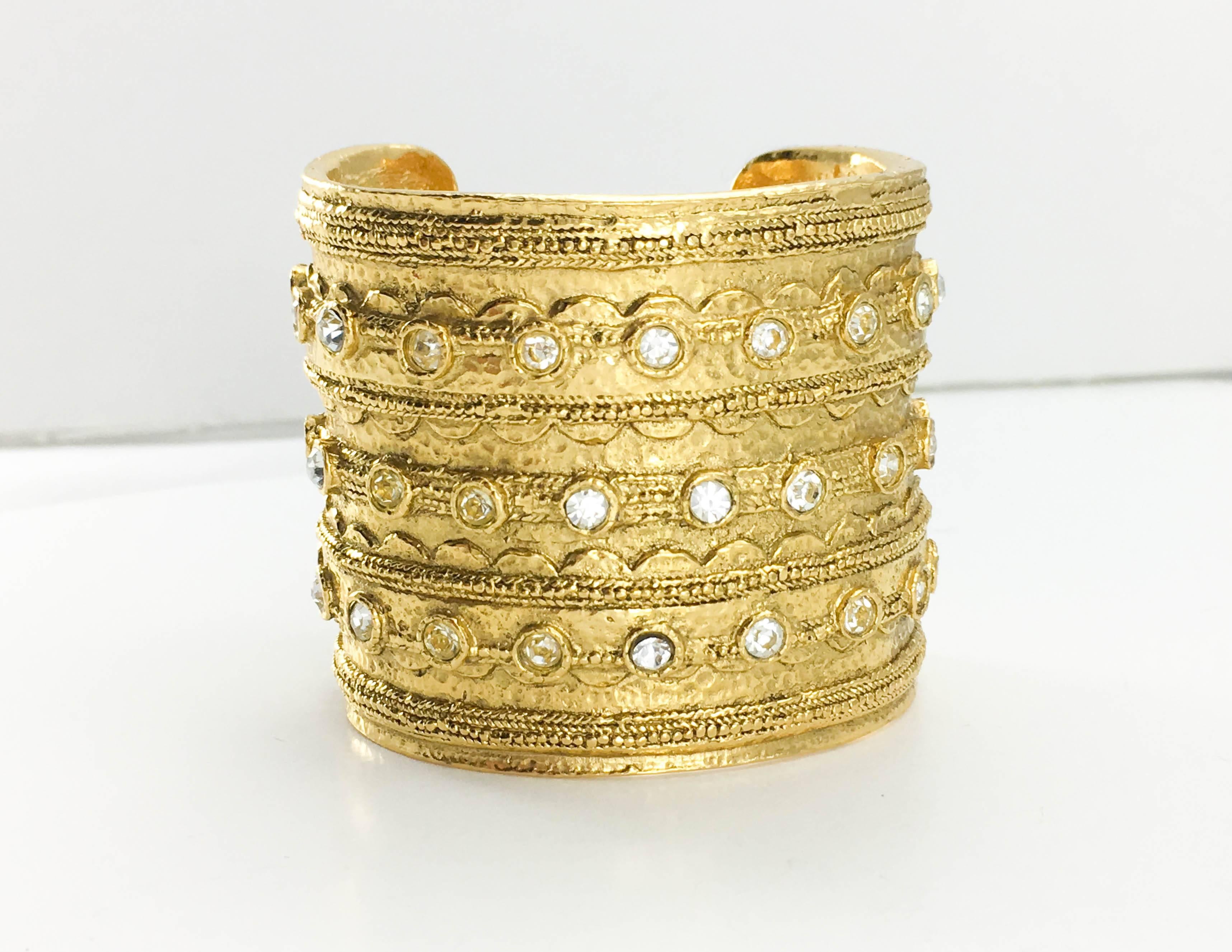Women's 1980's Chanel 'Etruscan' Rhinestone Embellished Gold-Plated Cuff Bracelet For Sale