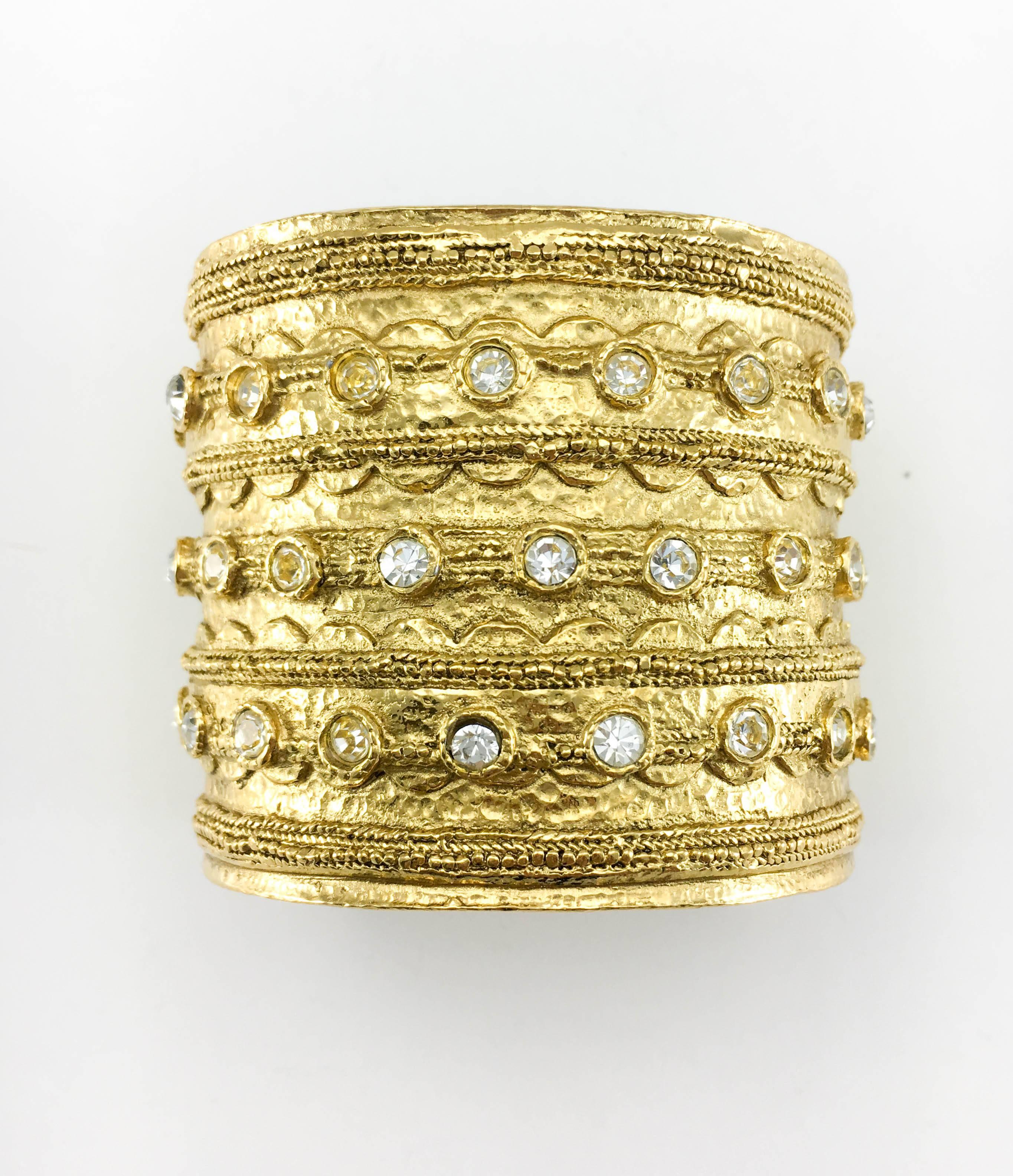 1980's Chanel 'Etruscan' Rhinestone Embellished Gold-Plated Cuff Bracelet For Sale 1