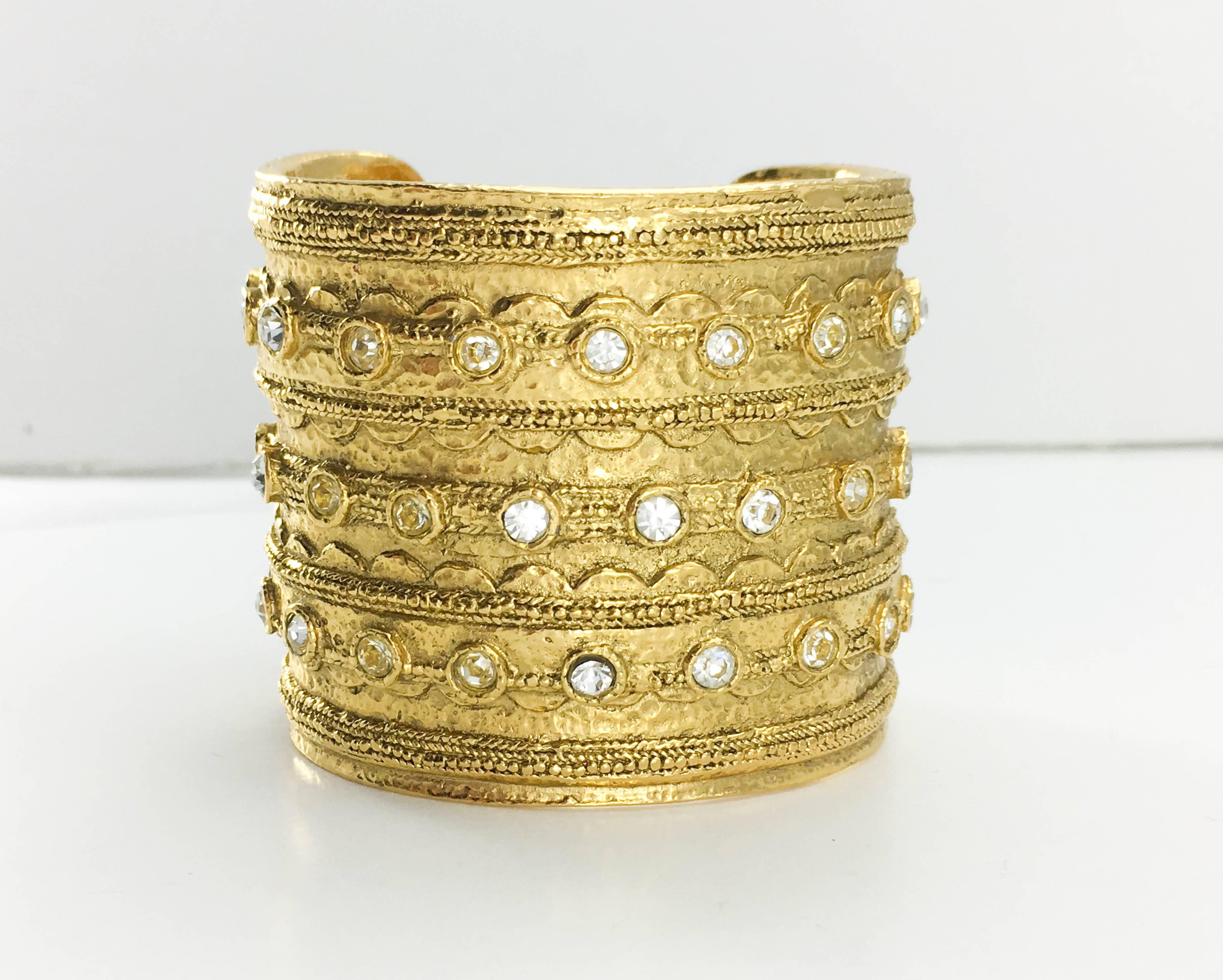 1980's Chanel 'Etruscan' Rhinestone Embellished Gold-Plated Cuff Bracelet For Sale 2