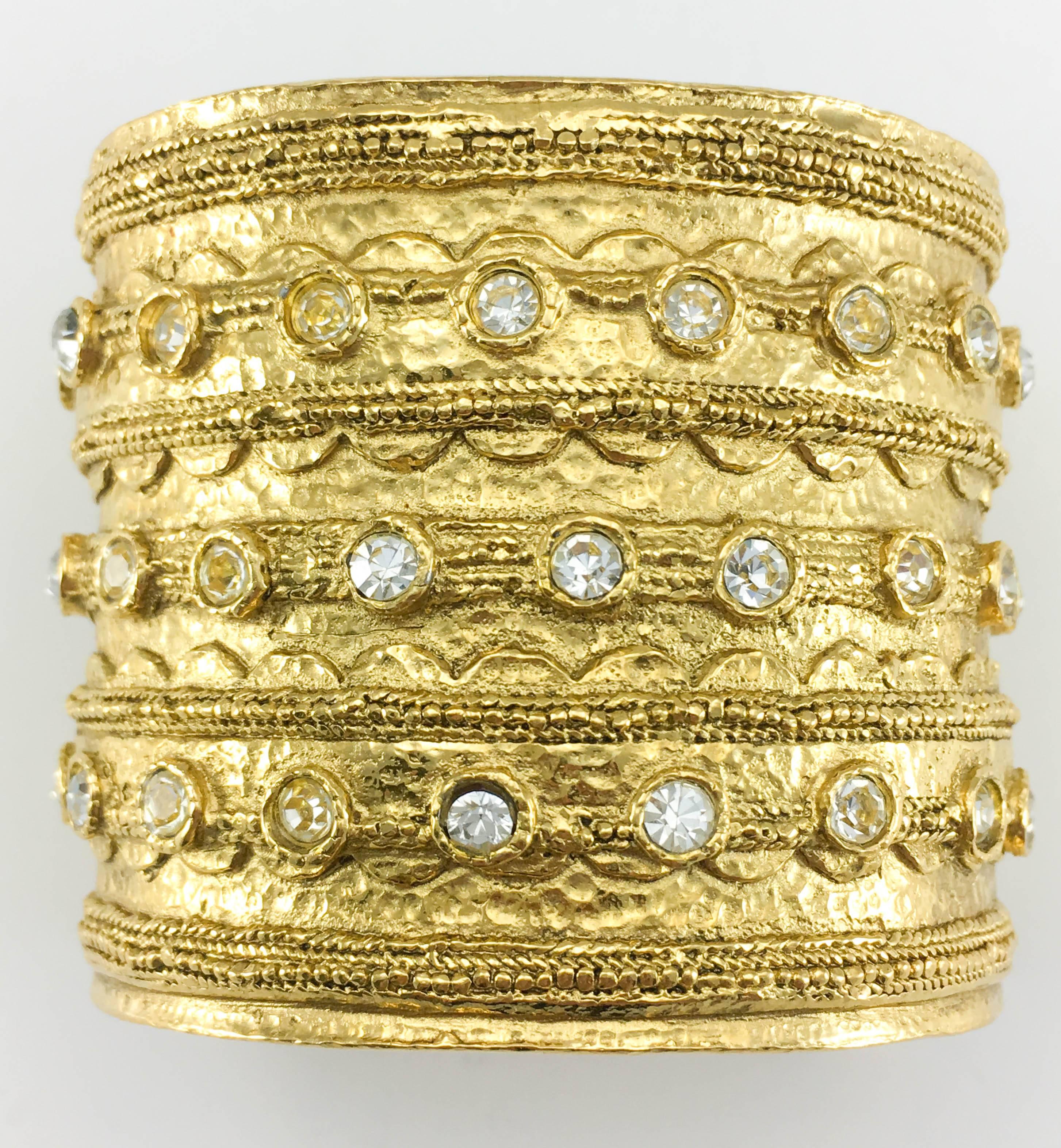 1980's Chanel 'Etruscan' Rhinestone Embellished Gold-Plated Cuff Bracelet For Sale 3