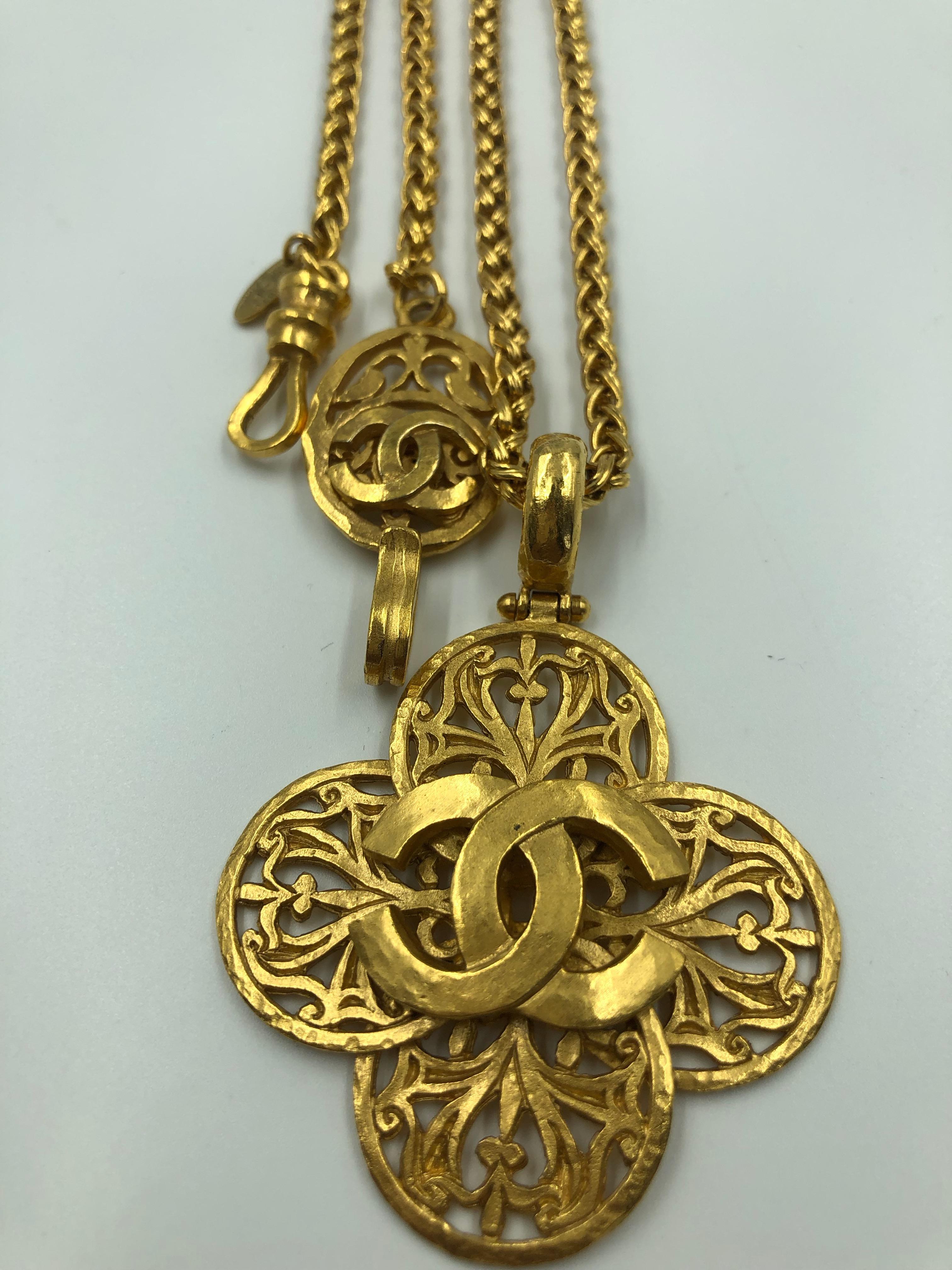 Women's or Men's Chanel Filigree 1980's Gold Tone Cross Necklace