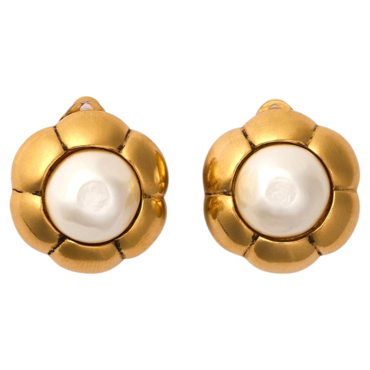 1980s Chanel Gold and Pearl Floral Camelia Earrings
