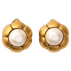 1980s Chanel Gold and Pearl Floral Camelia Earrings