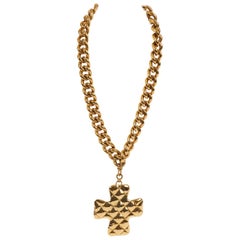 1980's Chanel Gold Oversize Quilted Cross Pendant Necklace with Box