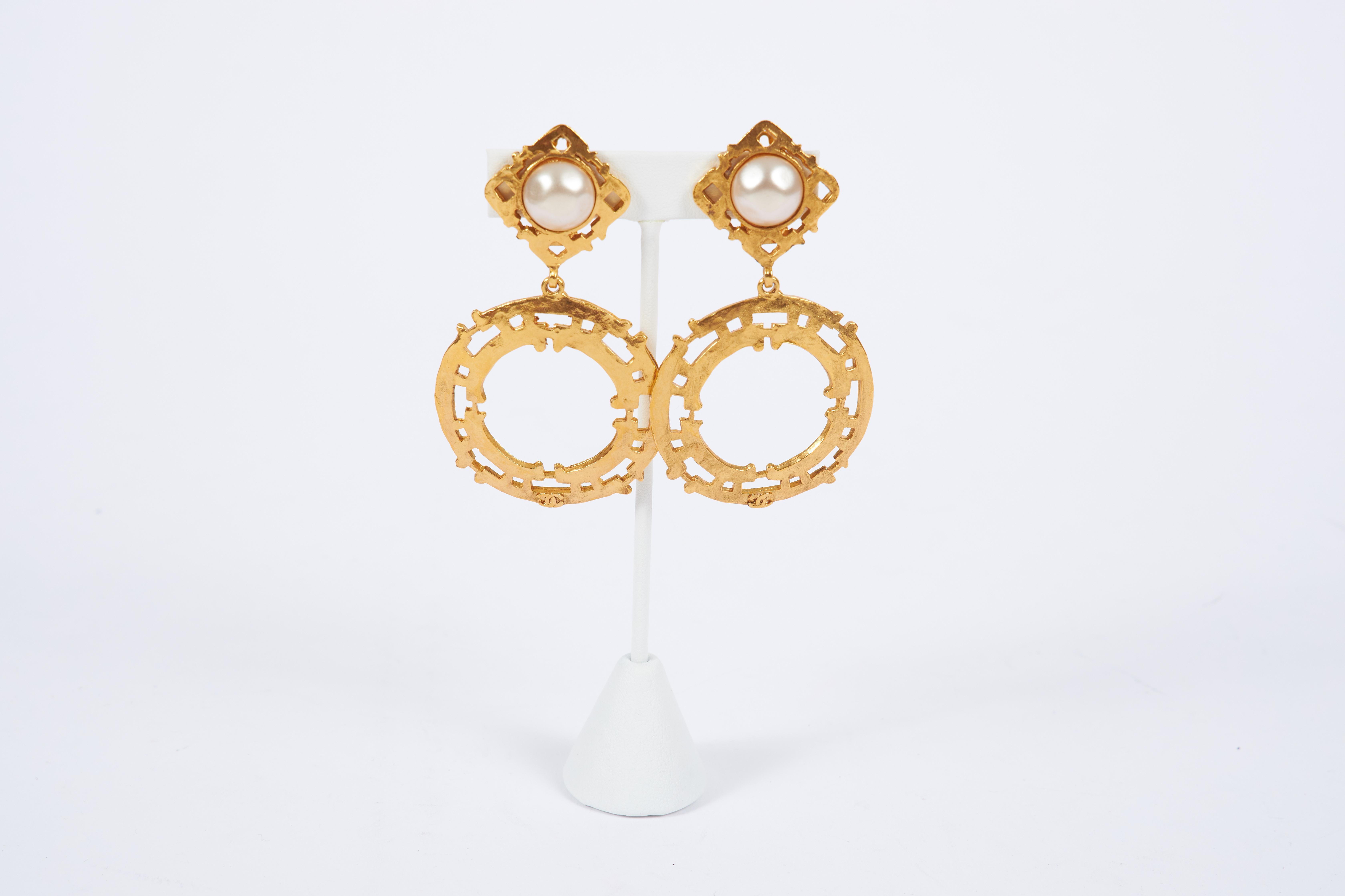 Women's 1980's Chanel Gold Pearl Large Dangle Earrings