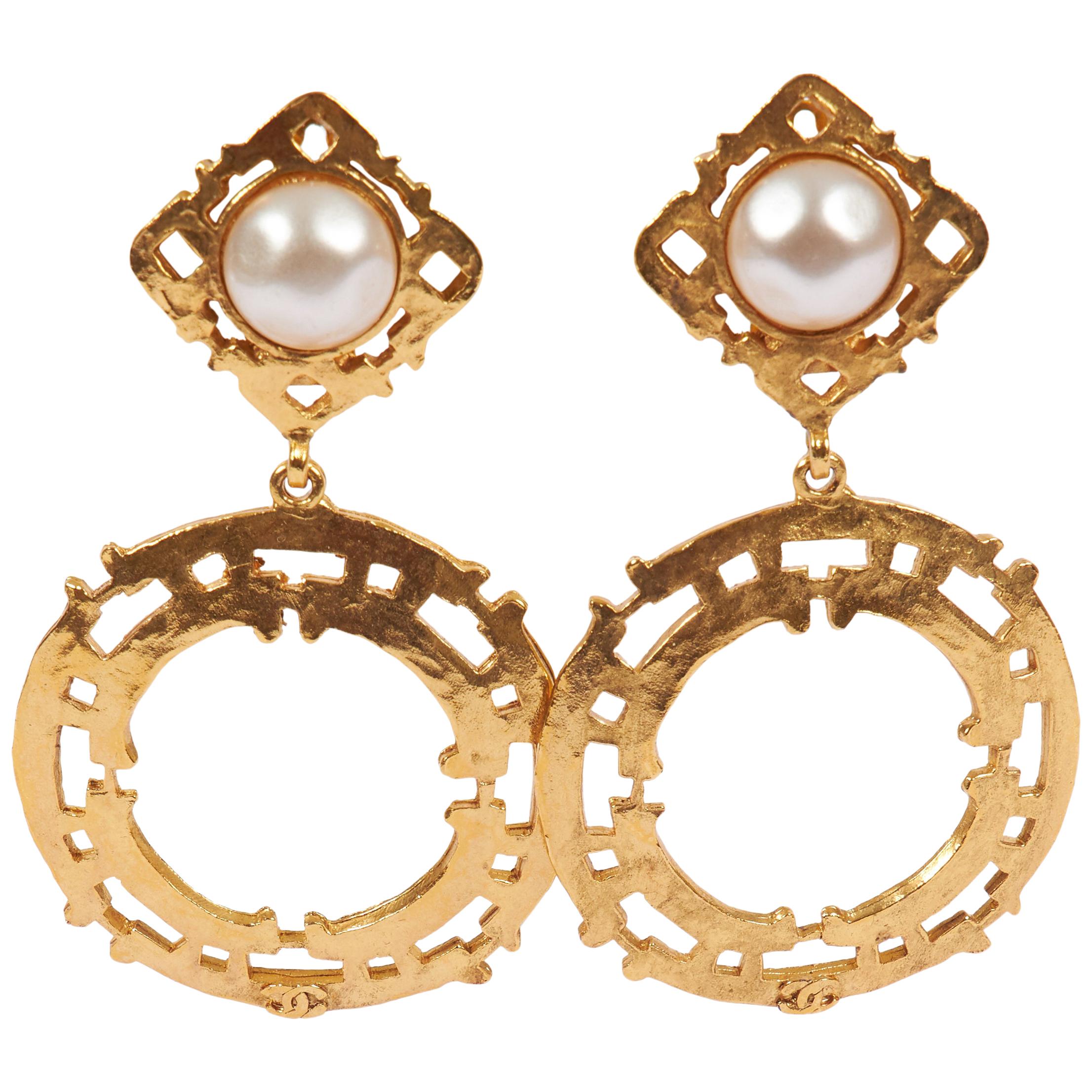 1980's Chanel Gold Pearl Large Dangle Earrings