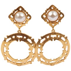 1980's Chanel Gold Pearl Large Dangle Earrings