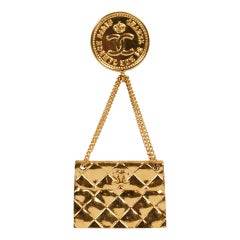 1980's Chanel Gold Quilted Flap Bag Pin Brooch. 