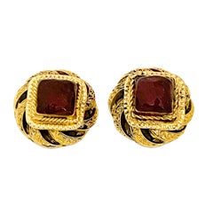 1980s Chanel Gold Tone and Red Poured Glass Earrings