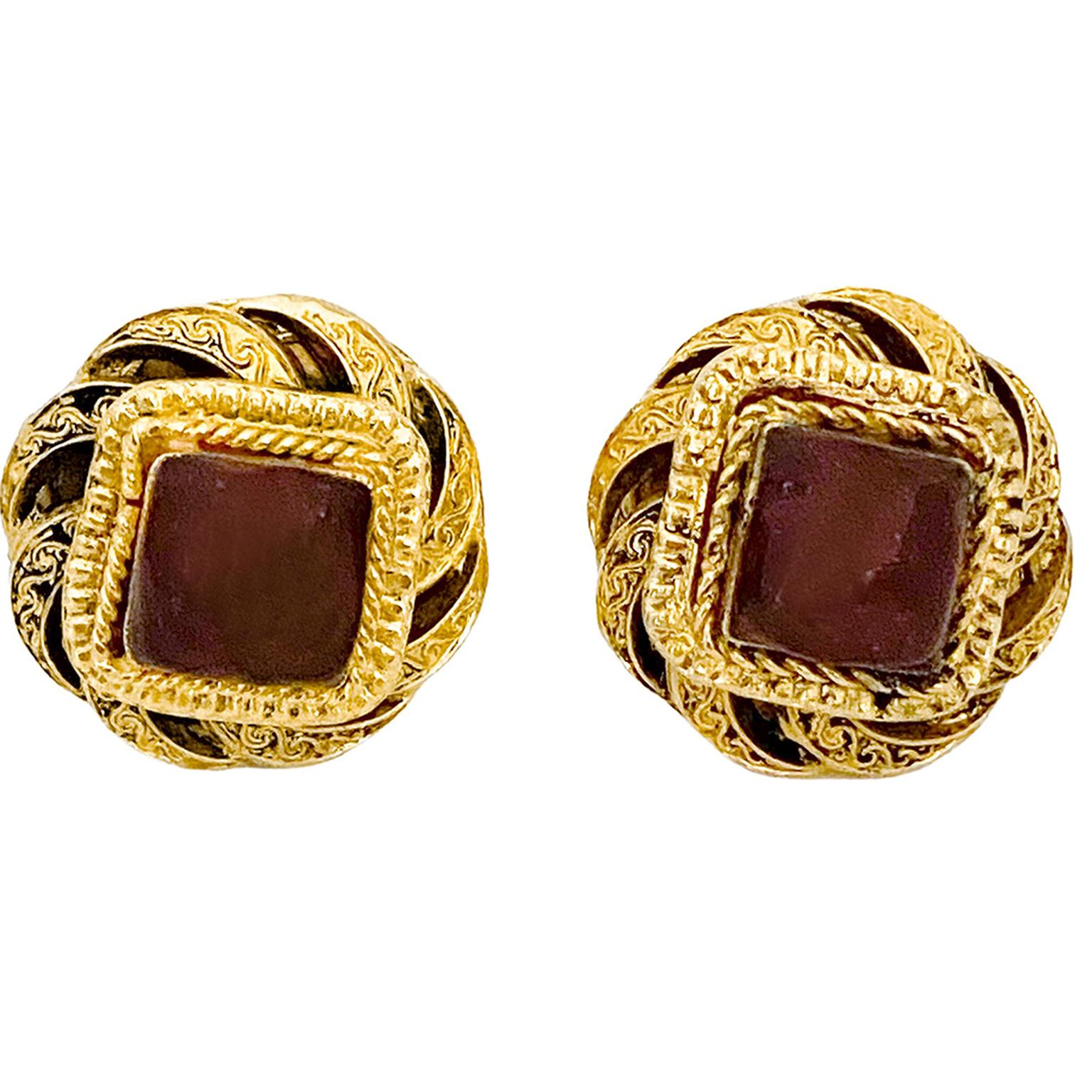 1980s Chanel Gold Tone and Red Poured Glass Earrings For Sale