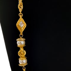 1980s Chanel Gold Tone Chain Link Necklace with Rhinestone and Pearl Details