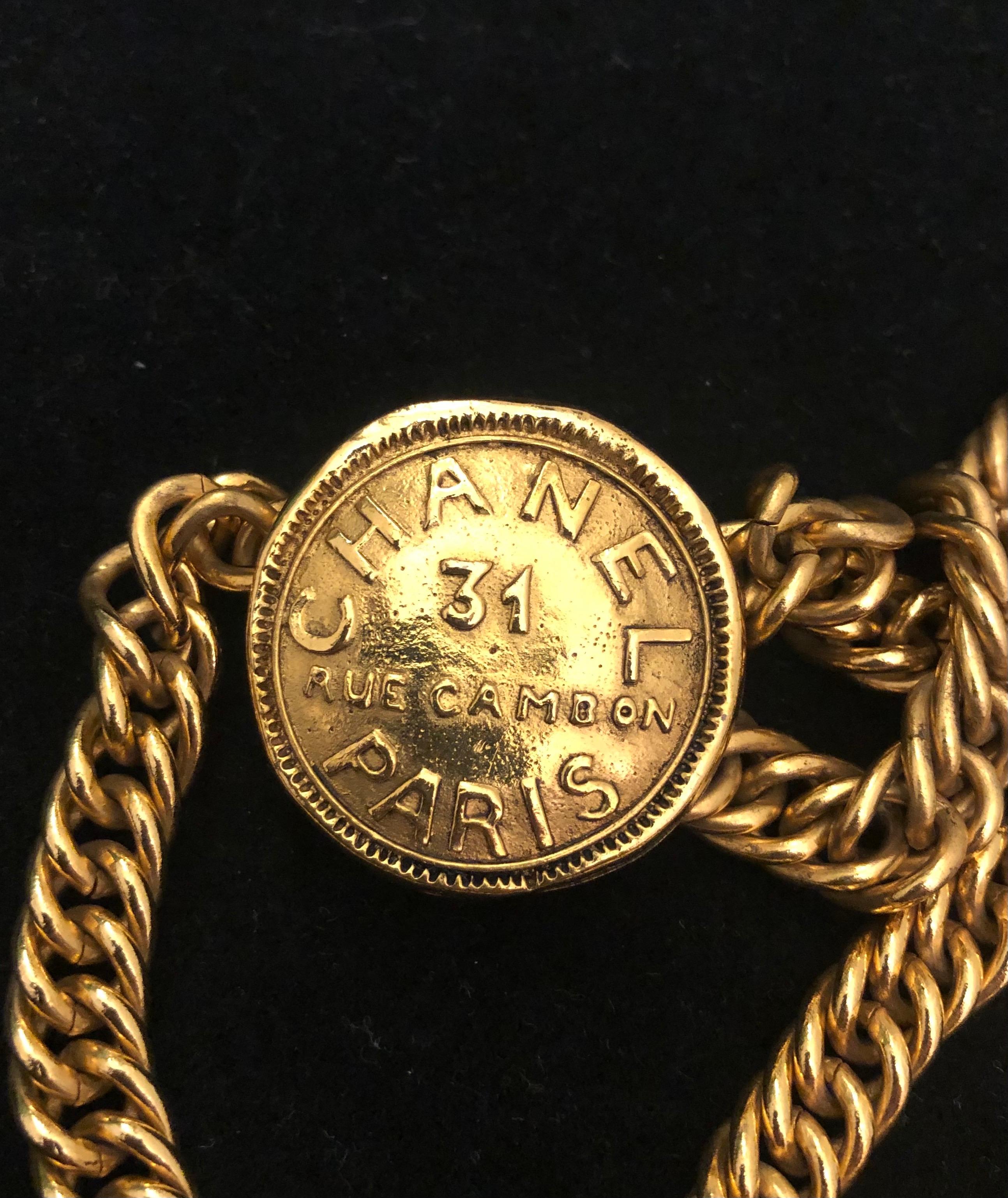 Women's 1980s Vintage CHANEL Gold Toned 31 Rue Cambon Paris Medallion Chain Belt 