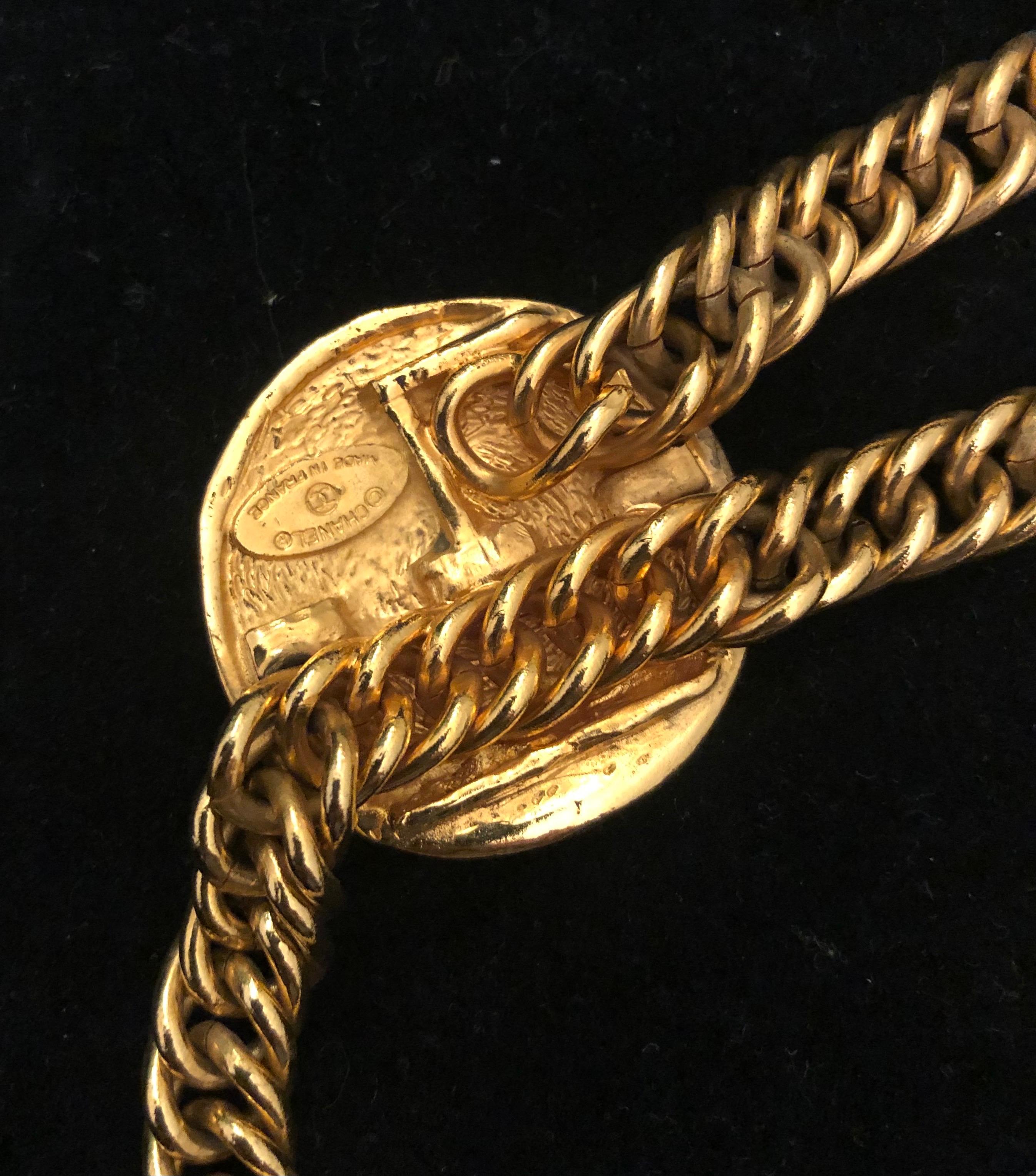 1980s Vintage CHANEL Gold Toned 31 Rue Cambon Paris Medallion Chain Belt  1