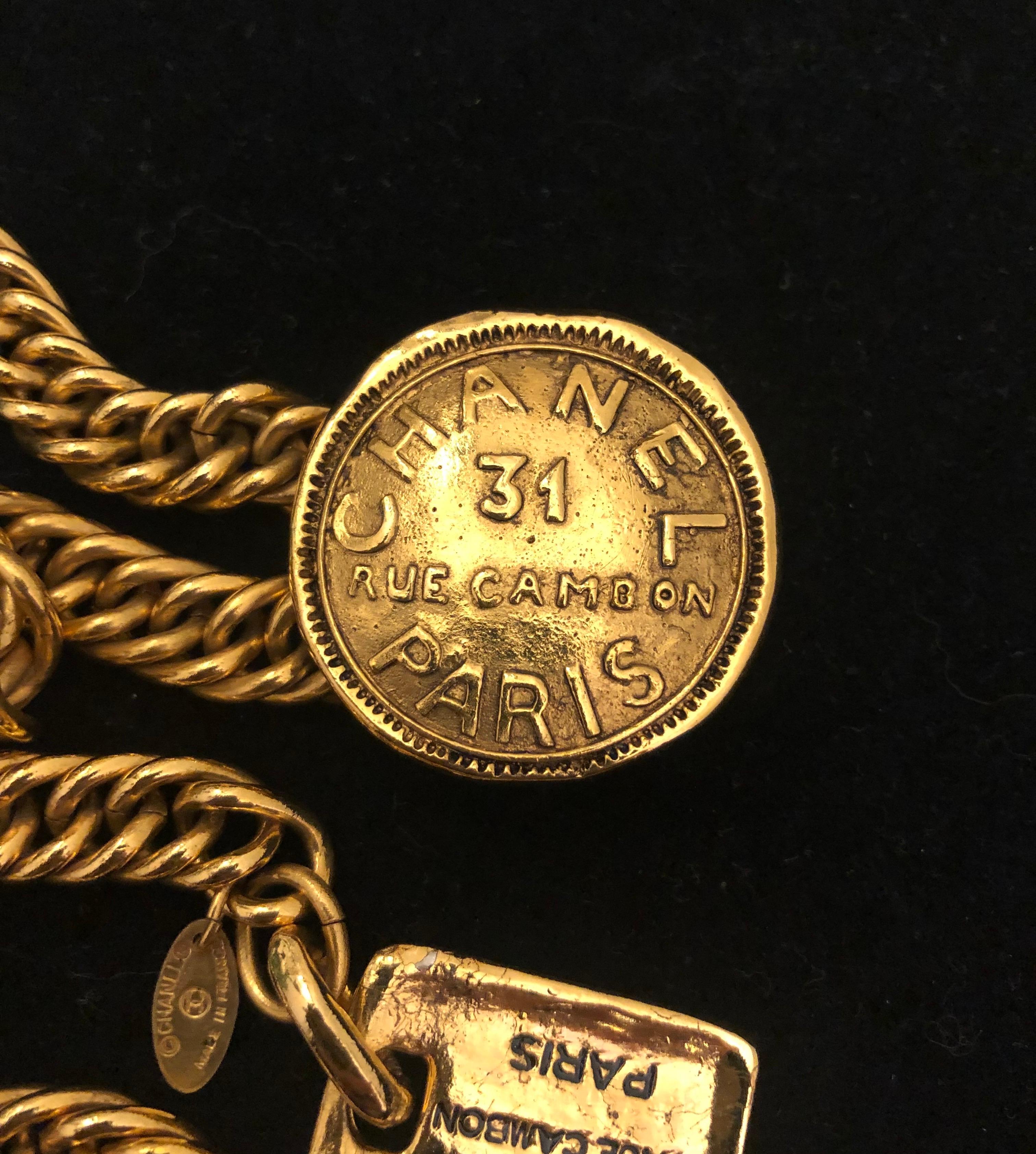 1980s Vintage CHANEL Gold Toned 31 Rue Cambon Paris Medallion Chain Belt  2