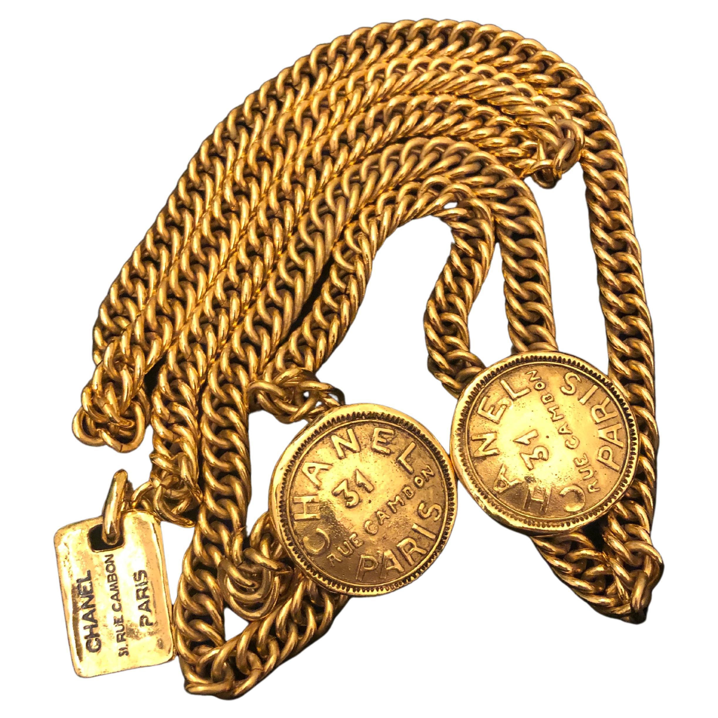 1980s Vintage CHANEL Gold Toned 31 Rue Cambon Paris Medallion Chain Belt 