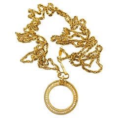 1980s Vintage CHANEL Gold Toned Double Chain Rhinestone Magnifying Lens Necklace